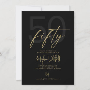 Gold Script Fifty Modern Black 50th Birthday Party Invitation