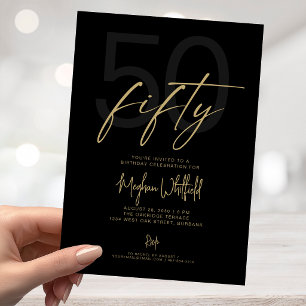 Gold Script Fifty Modern Black 50th Birthday Party Invitation