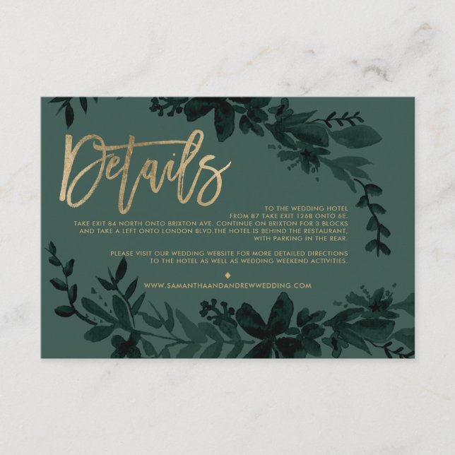 Gold script Floral deep green wedding direction Enclosure Card (Front)