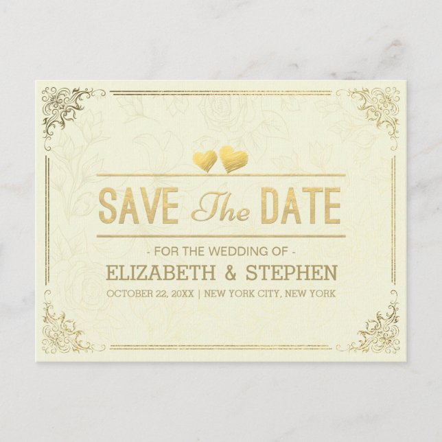 Gold Script Floral Frame Wedding Save The Date Announcement Postcard (Front)