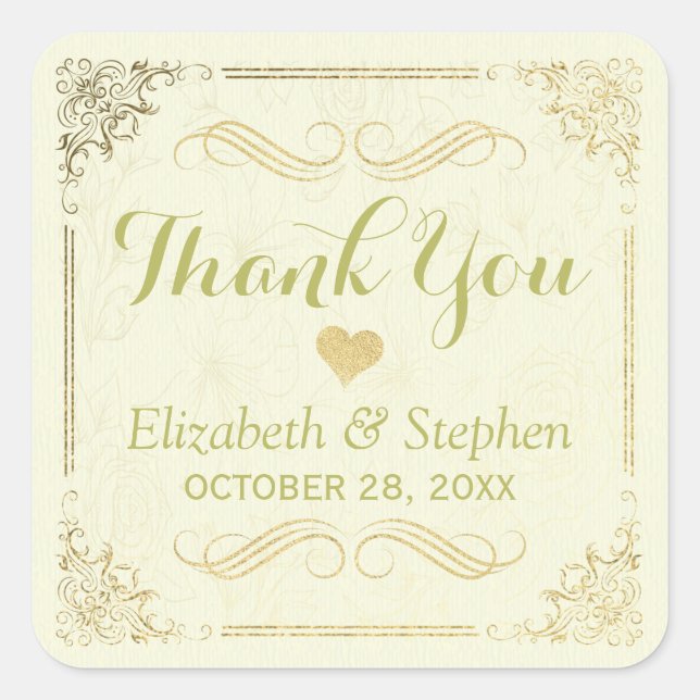 Gold Script Floral Frame Wedding Thank You Favour Square Sticker (Front)