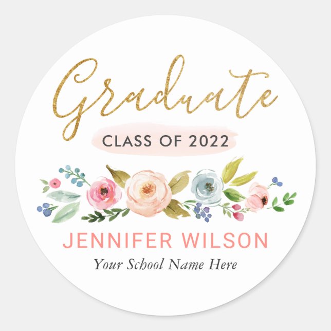 Gold Script Floral Graduation Sticker (Front)