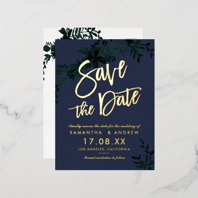 gold script Floral green blue save the date Foil Invitation Postcard (Front/Back)