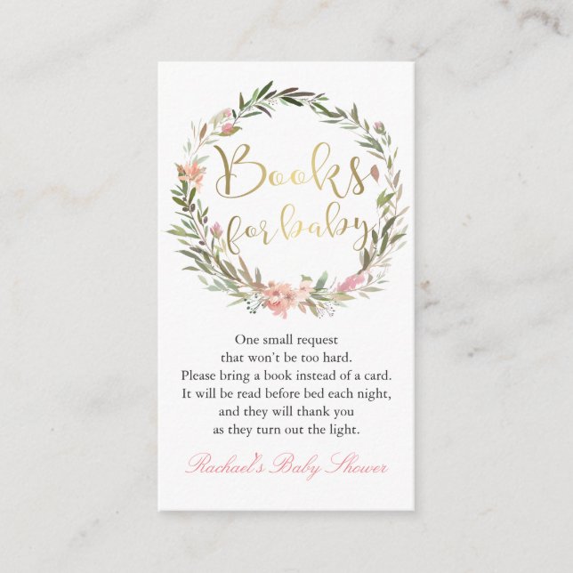 Gold Script Floral Wreath Baby Shower Book Request Enclosure Card (Front)