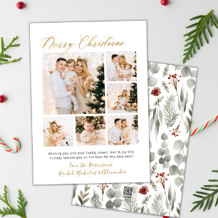 Gold Script Foliage 6 Multi Photo Christmas Holiday Card
