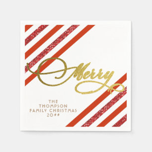 Gold Script Glitter Red White Family Christmas Napkin