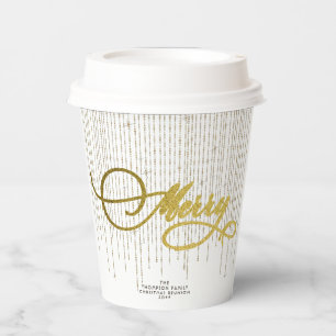 Gold Script Glitter Red White Family Christmas Paper Cups