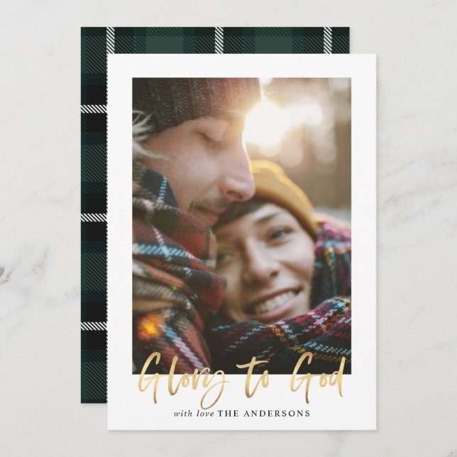 Gold script glory to god green tartan photo holiday card (Front/Back)