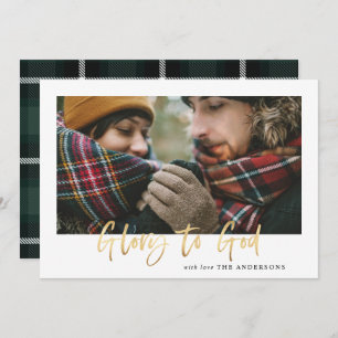 Gold script glory to god green tartan photo holiday card