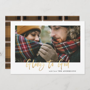 Gold script glory to god mustard tartan photo holiday card