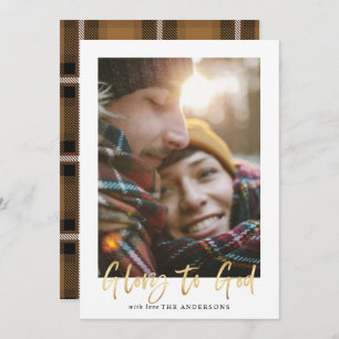 Gold script glory to god mustard tartan photo holiday card