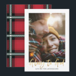 Gold script glory to god red tartan photo holiday card<br><div class="desc">Gold script glory to god stylish holiday card with red tartan backer design. Space for single photo.</div>