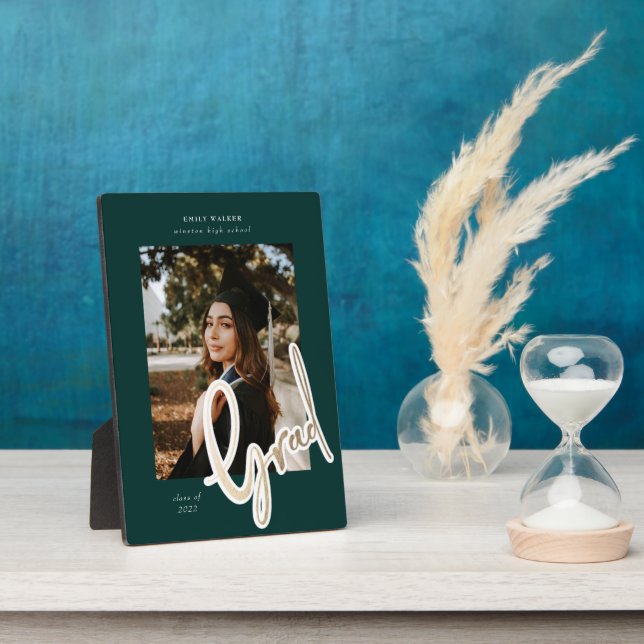 gold script graduation announcement photo card plaque (Side)