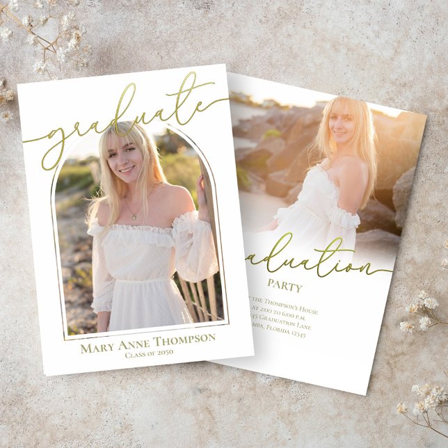 Gold Script Graduation Photo Party Invitation (Gold script graduation party design with customizable senior photo layout.)