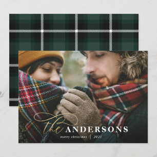 Gold script green plaid backer 1 photo Christmas Holiday Card