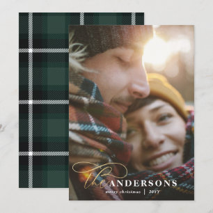 Gold script green plaid backer 1 photo Christmas Holiday Card