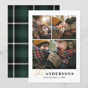 Gold script green plaid backer 3 photo Christmas Holiday Card