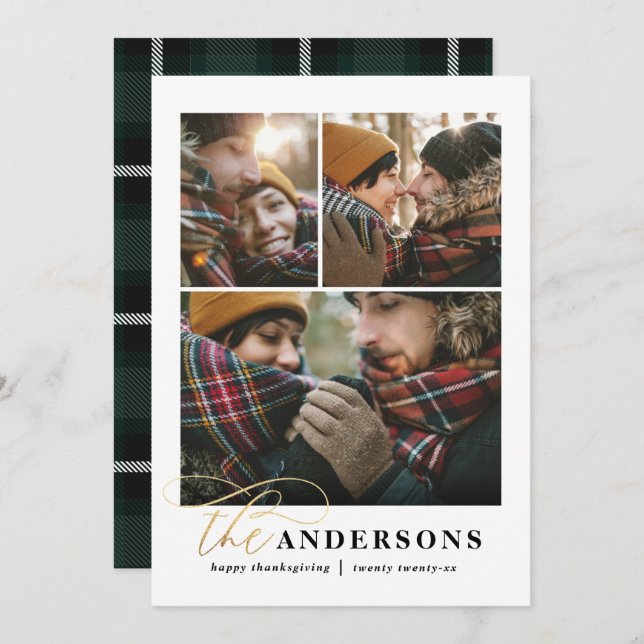 Gold script green plaid multi photo thanksgiving holiday card (Front/Back)
