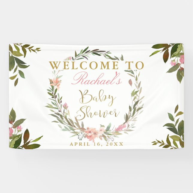Gold Script Greenery Wreath Baby Shower Banner (Horizontal)