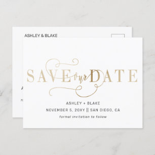 Gold Script Handwritten Calligraphy Save the Date Announcement Postcard