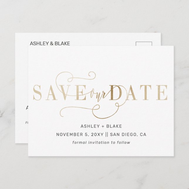 Gold Script Handwritten Calligraphy Save the Date Announcement Postcard (Front/Back)