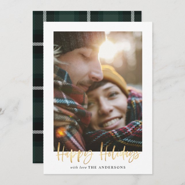 Gold script happy holidays green tartan photo holiday card (Front/Back)