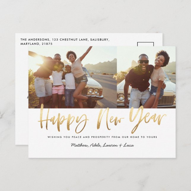 gold script happy new year multi photo new year  holiday postcard (Front/Back)