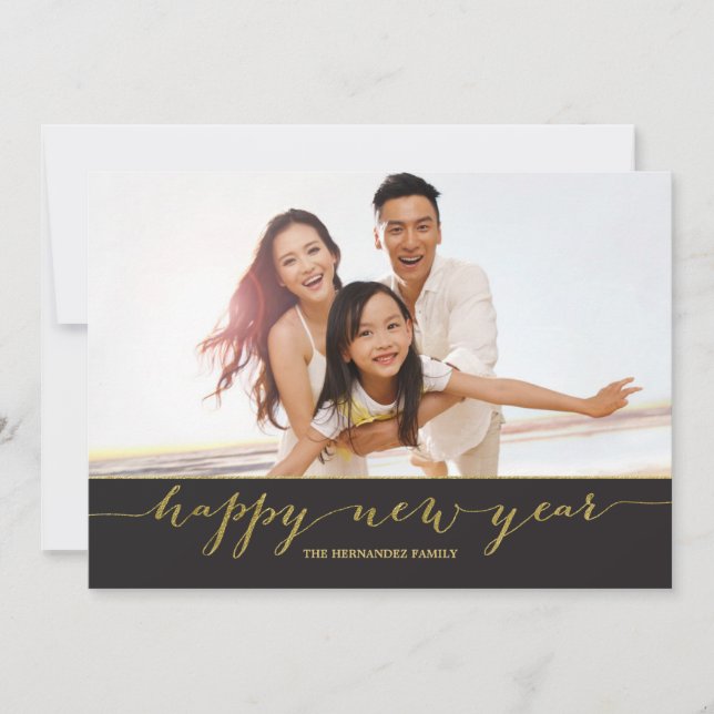 Gold Script Happy New Year Photo Card (Front)