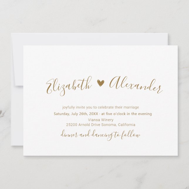 Gold Script Heart All in One QR Code Wedding Invitation (Front)