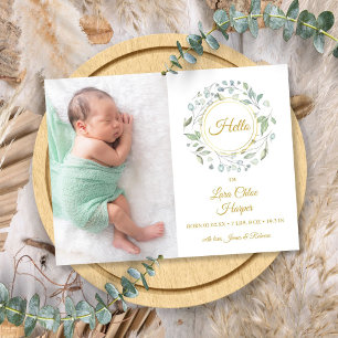 Gold Script Hello Photo Greenery Floral Birth  Announcement Postcard