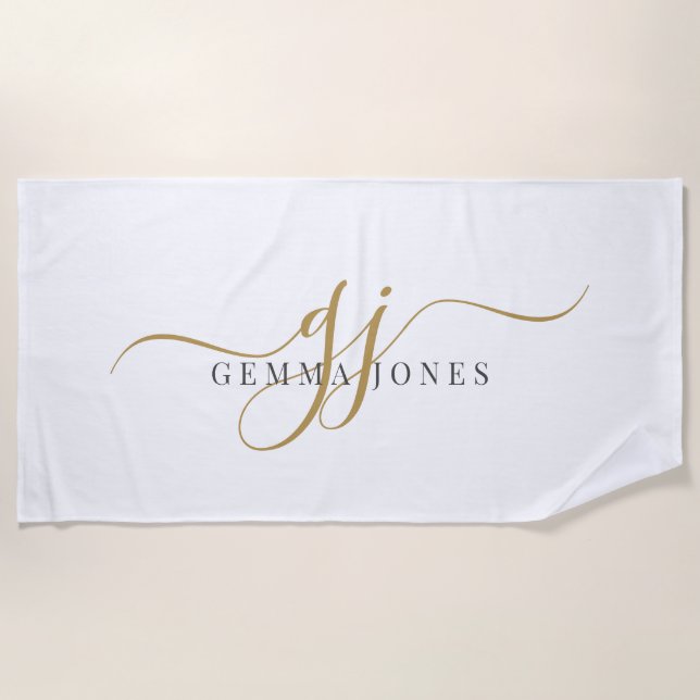 Gold Script Initials Monogram Minimalist White Beach Towel (Front)