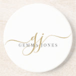 Gold Script Initials Monogram Minimalist White Coaster<br><div class="desc">A chic modern stylish gold black monogram on white coasters,  with a dramatic script initial with swashes and your full name in a modern serif type, </div>