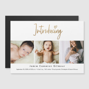 Gold Script Introducing Custom 3 photo Baby Magnetic Invitation