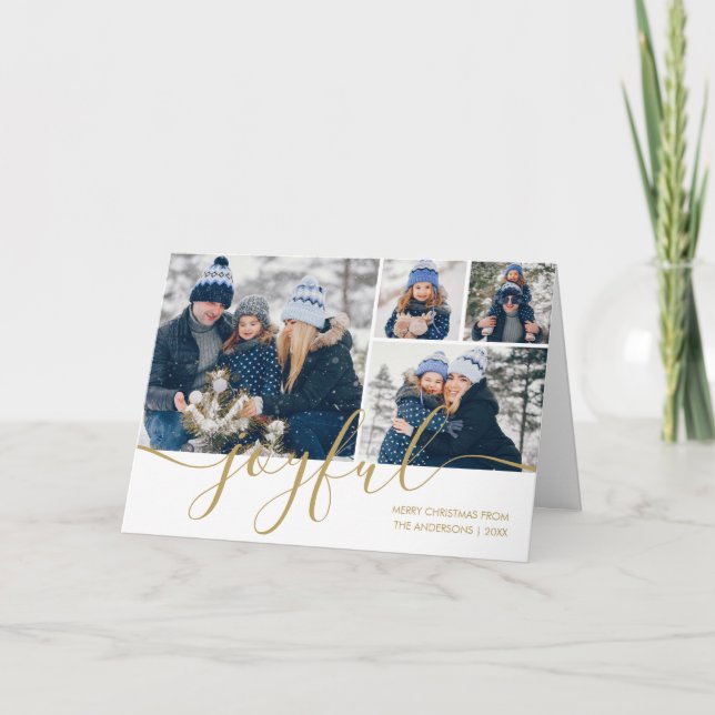 Gold Script Joyful 4 Photo Christmas Holiday Card (Front)