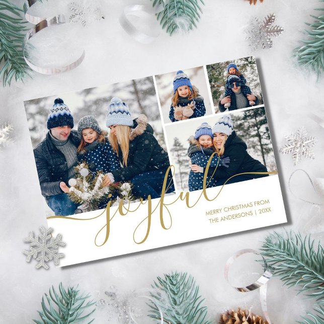 Gold Script Joyful 4 Photo Christmas Holiday Card (Creator Uploaded)