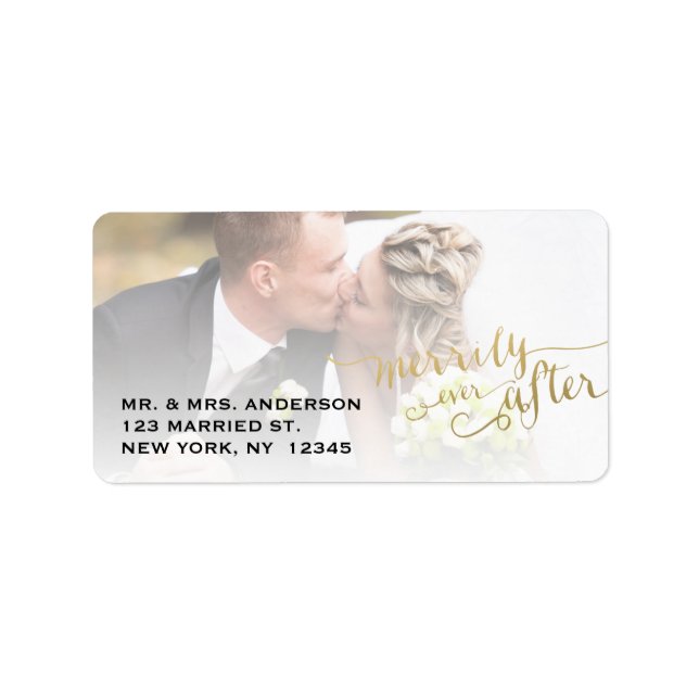 Gold Script Merrily Ever After | Holiday Photo Label (Front)