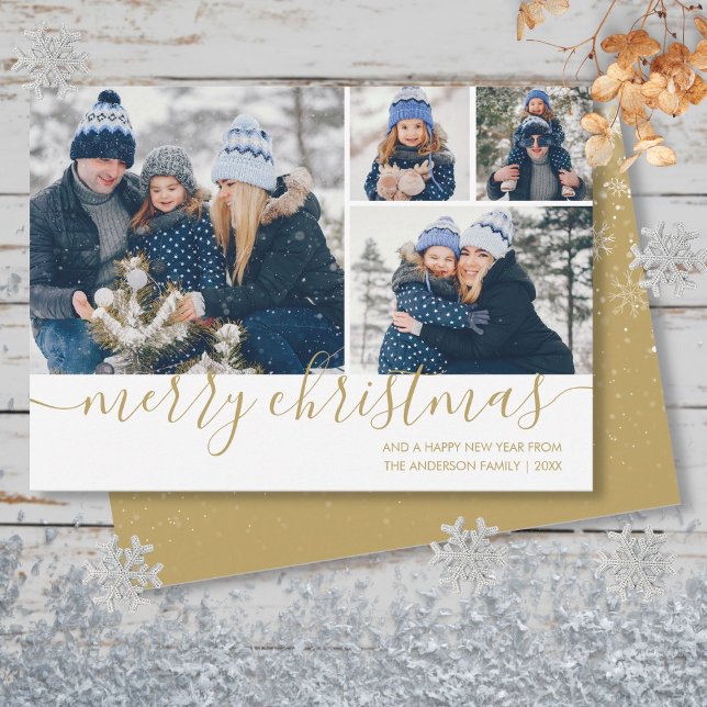 Gold Script Merry Christmas 4 Photo Holiday Card (Gold Script Merry Christmas 4 Photo Holiday Card)
