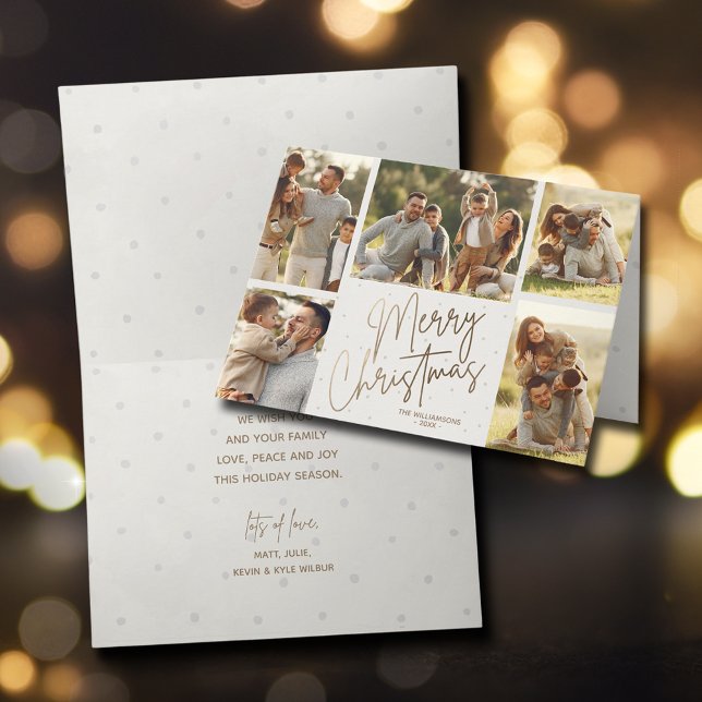 Gold Script Merry Christmas 5 Photo Holiday Card (Creator Uploaded)