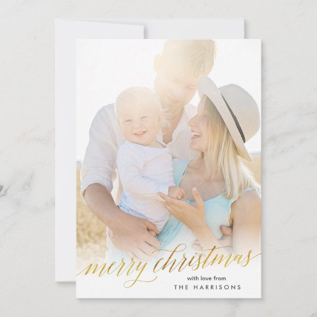 Gold Script Merry Christmas Card in Faux Foil (Front)