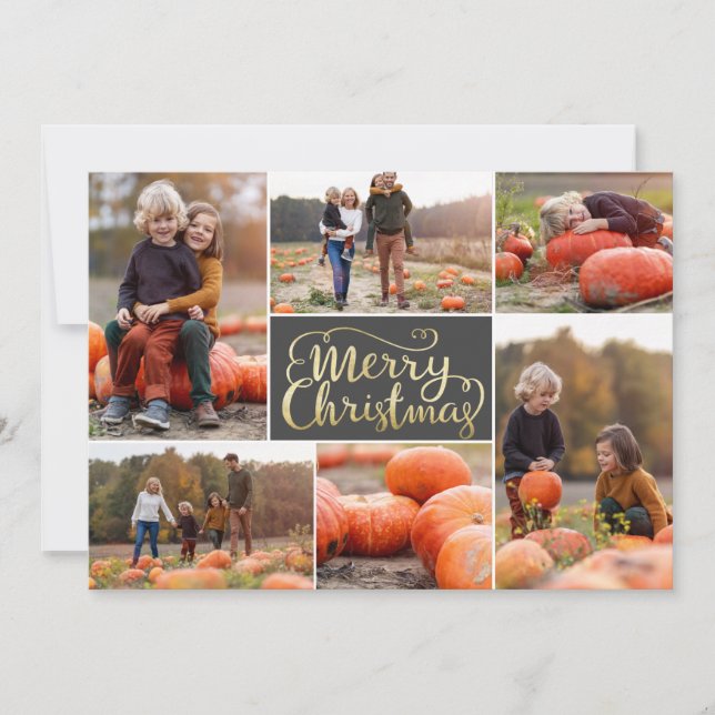 Gold Script Merry Christmas Collage Holiday Card (Front)