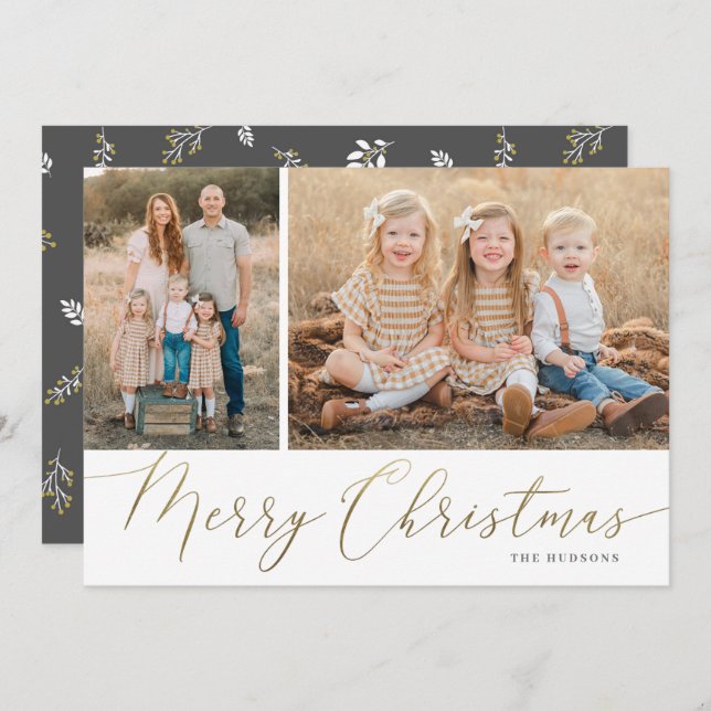 Gold Script Merry Christmas Elegant 2 Photo Holida Holiday Card (Front/Back)