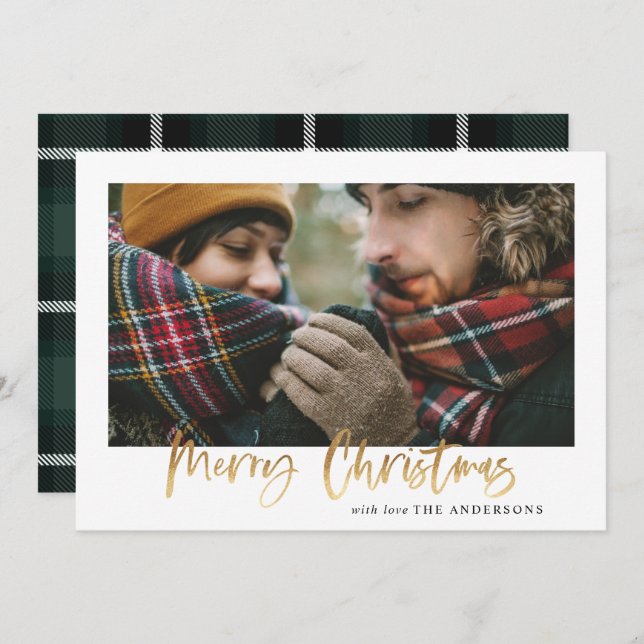 Gold script merry christmas green tartan photo holiday card (Front/Back)