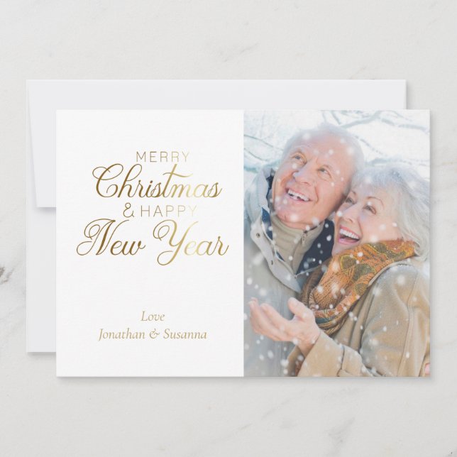Gold Script Merry Christmas & Happy New Year Photo Holiday Card (Front)