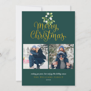 Gold Script Merry Christmas Mistletoe 3 Photo  Holiday Card