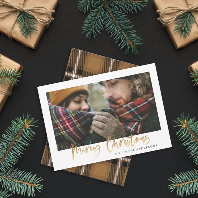 Gold script merry christmas mustard tartan 1 photo holiday card (Creator Uploaded)