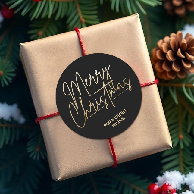 Gold Script Merry Christmas on Black Classic Round Sticker (Merry Christmas in gold script on black 3" round stickers)