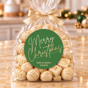 Gold Script Merry Christmas on Green Classic Round Sticker