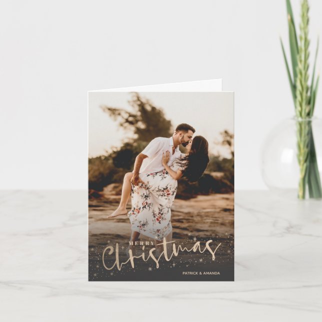Gold Script Merry Christmas Photo Holiday Card (Front)