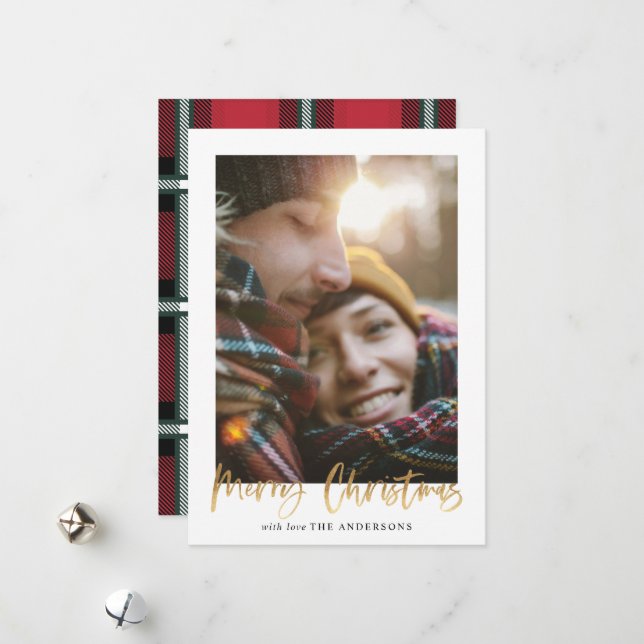 Gold script merry christmas red tartan photo holiday card (Front/Back In Situ)