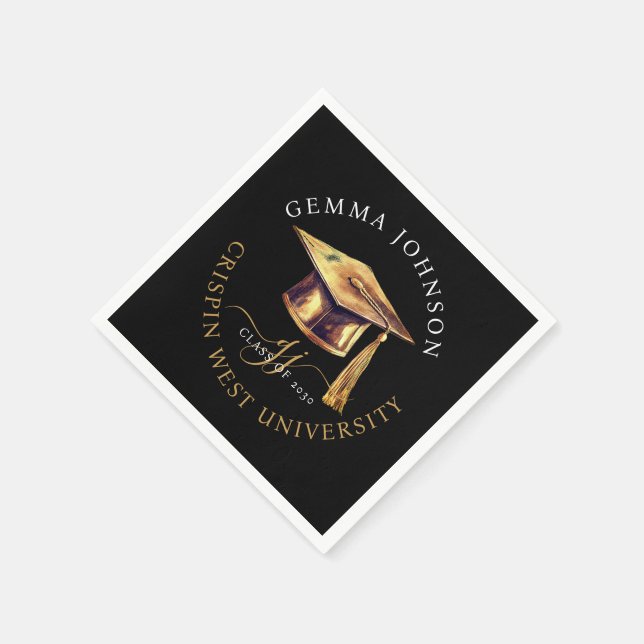 Gold Script Minimalist Graduation Party Black Napkin (Corner)